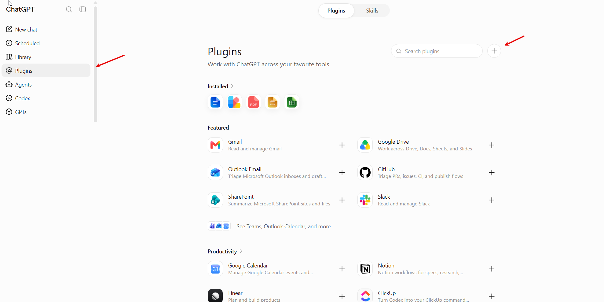 ChatGPT's Plugins page. Plugins is selected in the left sidebar, and a plus button sits at the top right beside the plugin search box.