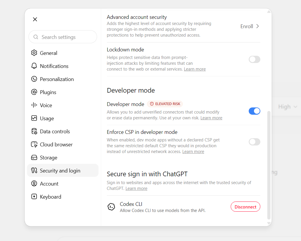 ChatGPT settings, Security and login. The Developer mode toggle is switched on, labelled elevated risk, and described as allowing unverified connectors.