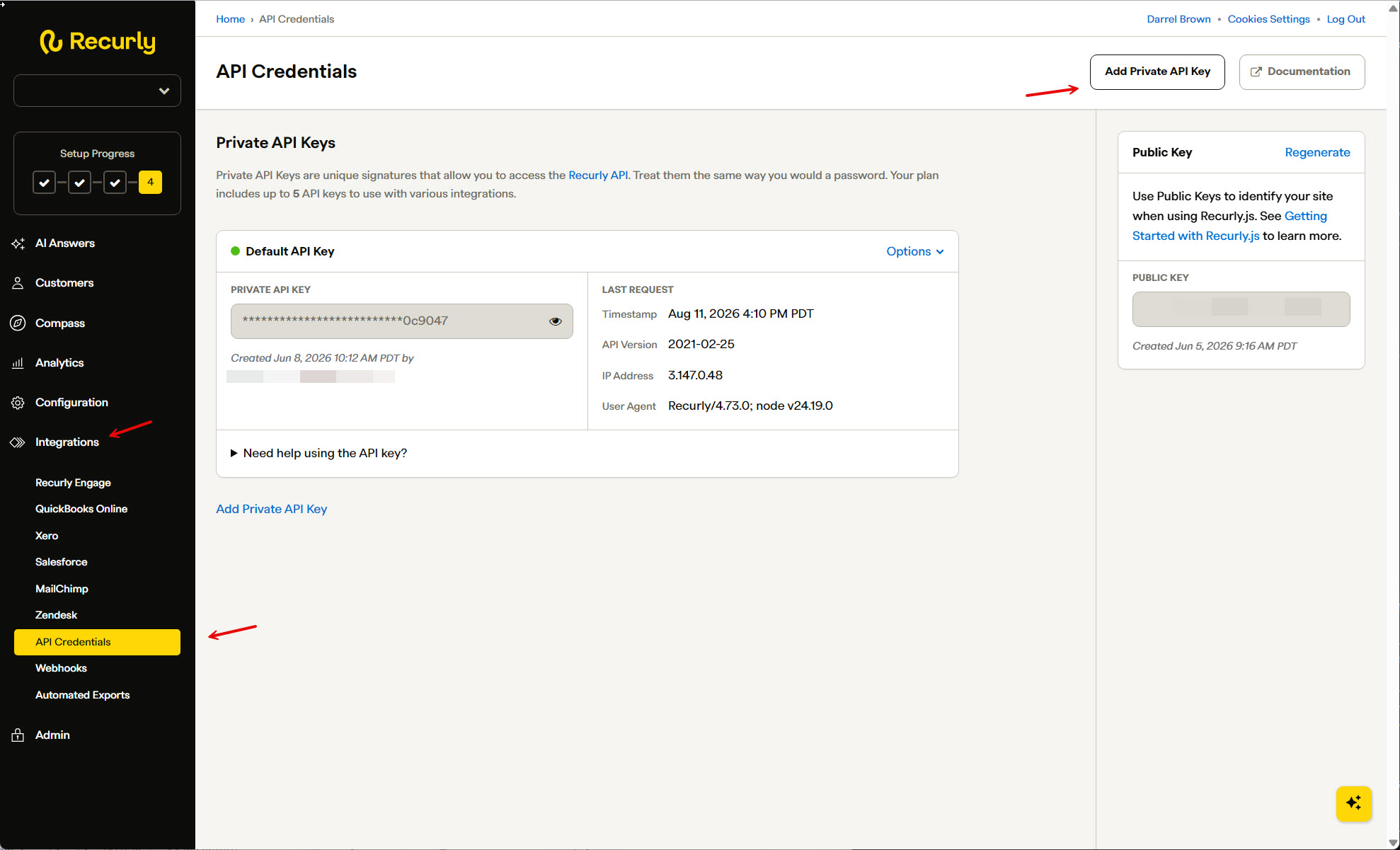 The Recurly dashboard with Integrations expanded in the left menu and API Credentials selected. The Add Private API Key button is at the top right.