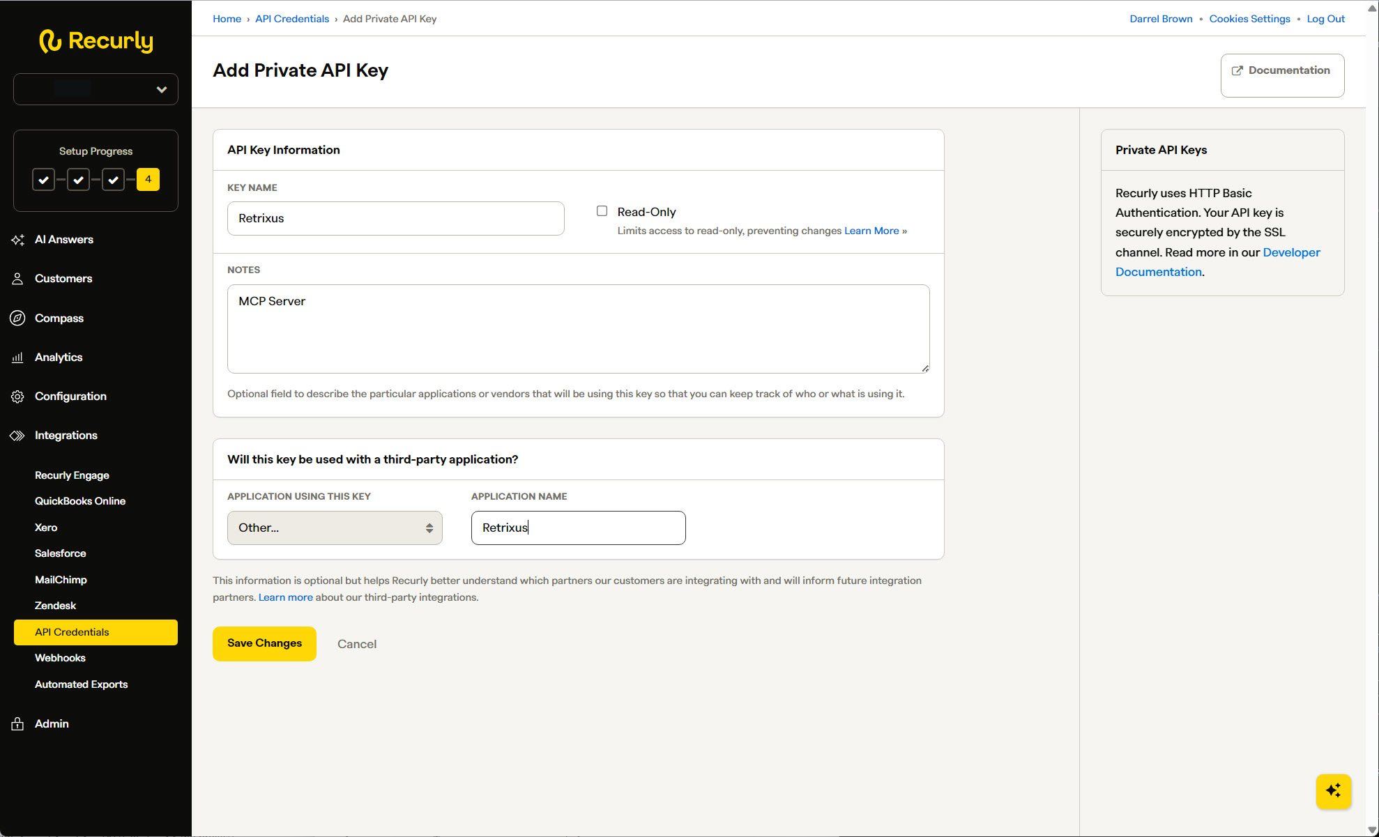 The Add Private API Key form. Key Name reads Retrixus, Notes reads MCP Server, and the third-party application name is filled in.